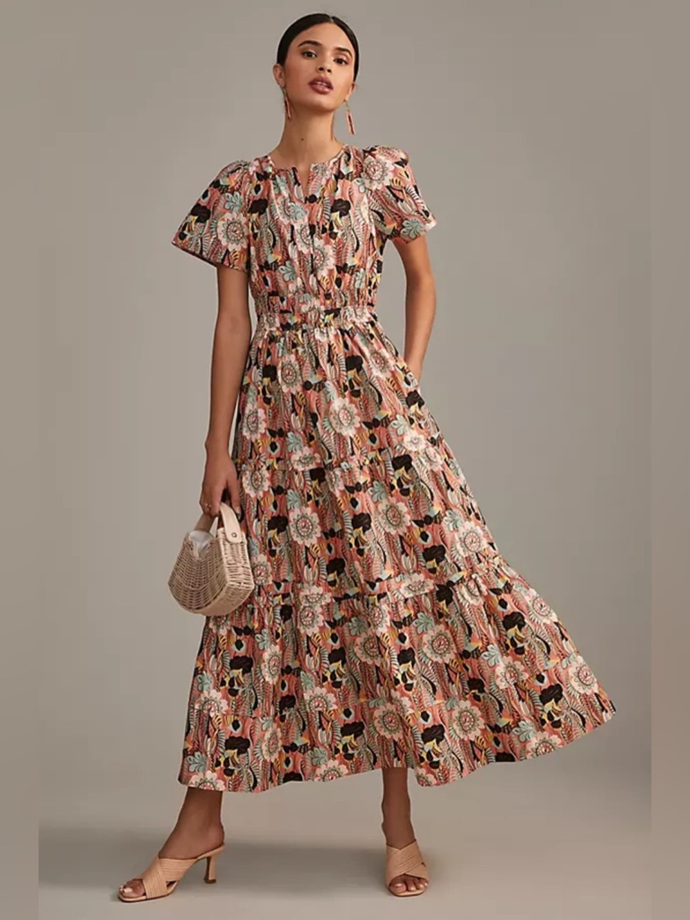Maeve Anthropologie The Somerset Floral Summer Tiered Cotton Maxi Dress Xxs